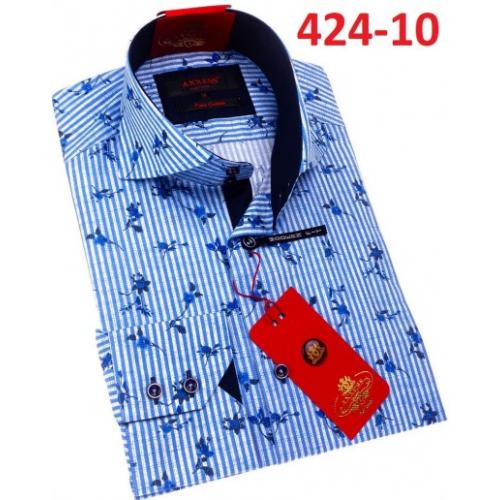 Axxess Blue Striped Cotton Modern Fit Dress Shirt With Button Cuff 424-10